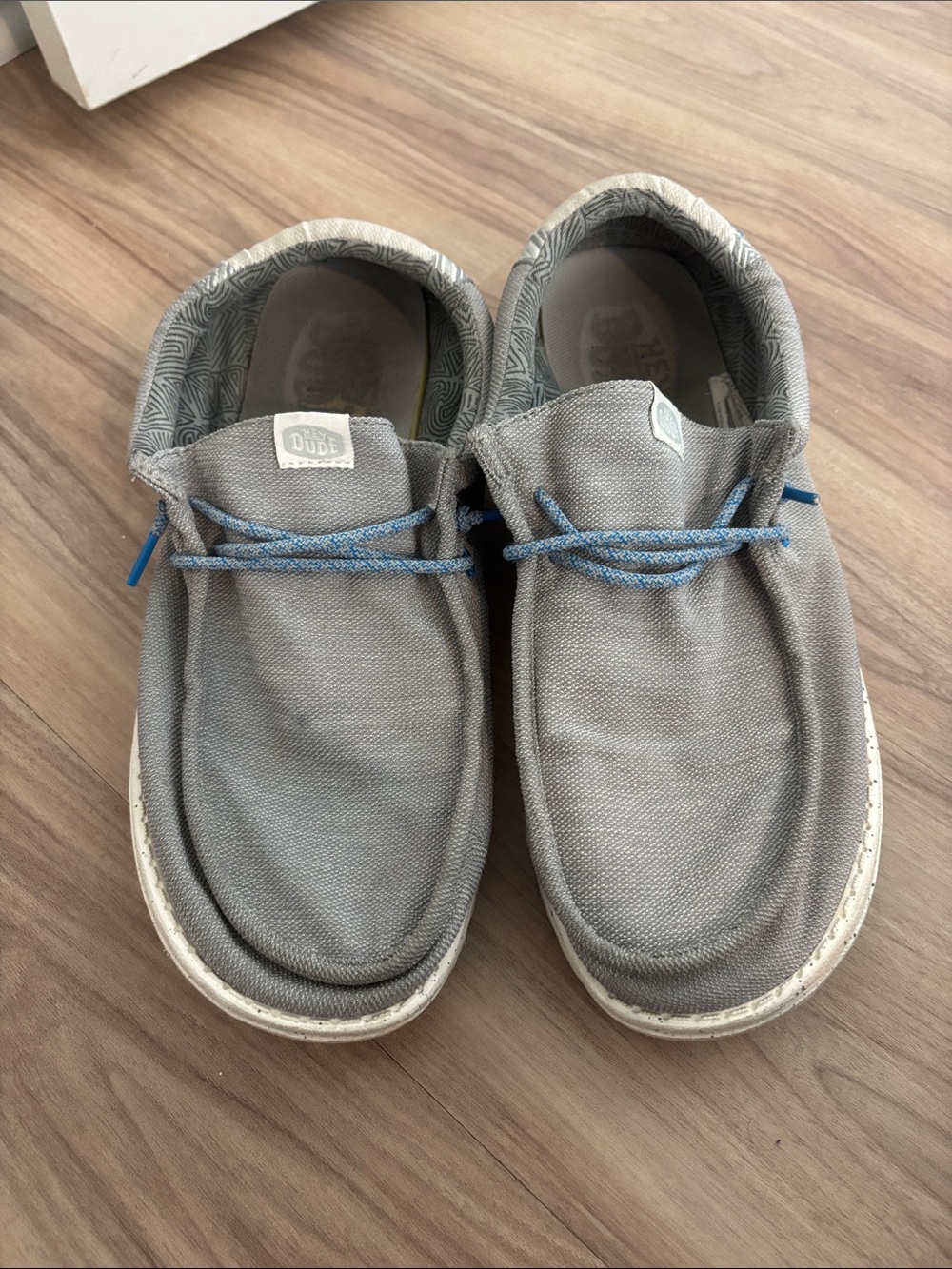 Hey Dude Gray Canvas Slip-Ons with Blue Laces M10